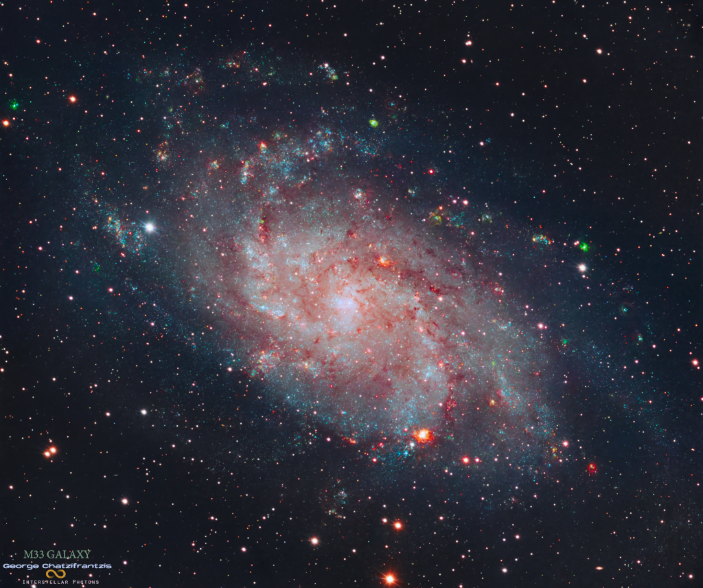 M33 风车星系正面像：蓝白色星团与粉色恒星形成区沿松散的旋臂铺开，外围缀满前景星